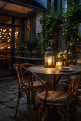 A table with a candle and two chairs is lit up in the dark