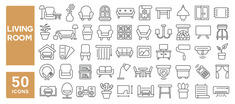 Set of 50 line icons related to living room, sofa, chair, table, decoration, interior, dining, furniture, devices, modern, couch, lounge, Editable stroke. Vector illustration
