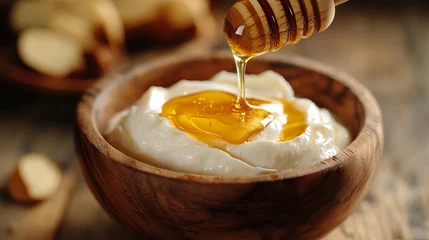 Delicious greek yogurt with honey recipe homemade healthy breakfast food photography close up shot top view