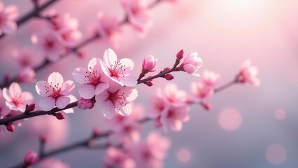 Obraz premium Delicate Pink Blossoms on a Branch in Soft Light, a Symbol of Spring's Gentle Arrival and the Promise of New Beginnings