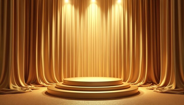 Golden stage podium with satin drapes. Luxury presentation background for product display, event, award show. Elegant empty scene with spotlights for marketing promotion.