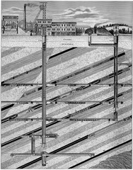 Mining (Typical Coal Mine). Publication of the "Meyers encyclopedia", Vol. 7, Leipzig, Germany, 1910.