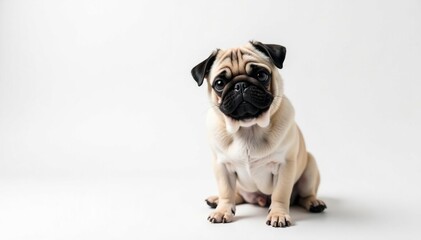 Obraz premium A single, charming pug against a stark white backdrop, white, mammal, pet photography
