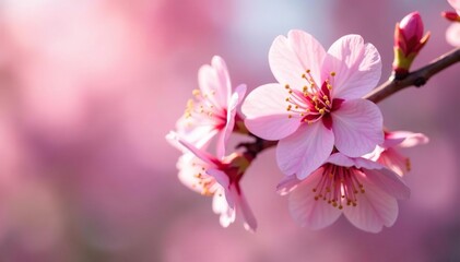 Fototapeta premium Delicate pink cherry blossoms, full bloom, soft petals , bloom, art