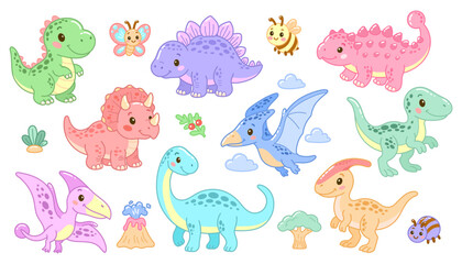 Vector set of colorful cartoon dinosaurs and cute animals 