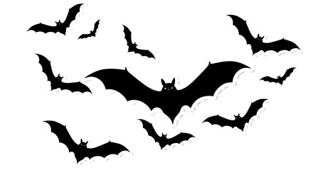 Naklejka premium A flock of spooky bats soaring through the night sky, their silhouettes sharp against a textured white background.