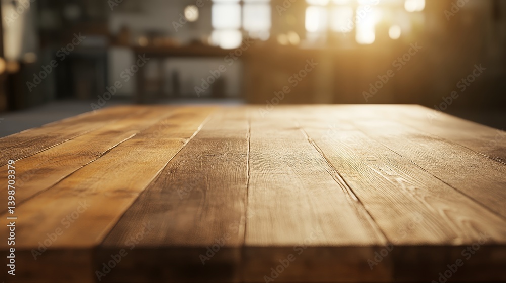 Aufkleber empty rustic wooden tabletop in sharp focus, illuminated by soft morning sunlight, features a modern