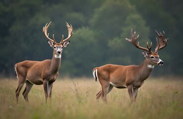 Fototapeta premium Two majestic white-tailed deer bucks stand proudly in open meadow. Brown fur, impressive antlers, natural background create serene, picturesque wildlife scene. Wildlife photo perfect for nature