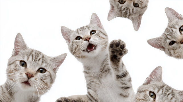 A cat is shown in a series of photos, with its paw raised in the air. The photos are all of the same cat, but each one is slightly different, with the cat's face and body in various positions