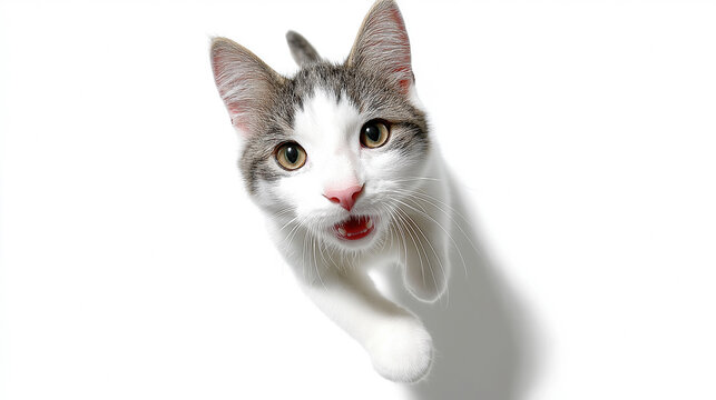 A cat is looking up at the camera with its mouth open. The cat appears to be in a playful mood, as it is making a funny face. Concept of lightheartedness and amusement