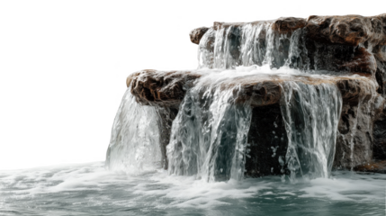 Waterfall flowing down rocky steps creating foamy water with natural textures and smooth flow in motion


