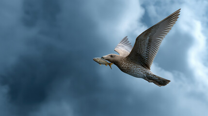 A seagull is flying in the sky with a fish in its beak. The sky is cloudy and the bird appears to be enjoying its meal