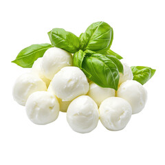 Fresh mozzarella balls garnished with basil leaves on a clean white background