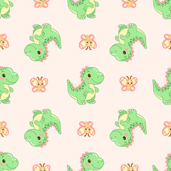 Seamless dinosaur and butterfly pattern in soft pastel tones 