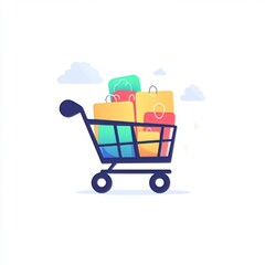 A shopping cart overflowing with bags and items is illustrated in flat style, surrounded by clouds and icons to symbolize online shopping and e-commerce