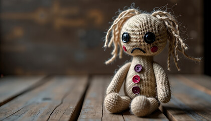 Sad voodoo doll with button eyes and yarn hair for Halloween decoration concept, with copy space