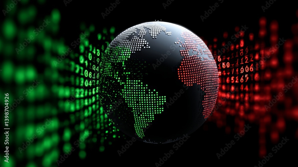 Poster global network - a 3d globe with green and red data streams, representing worldwide connectivity and