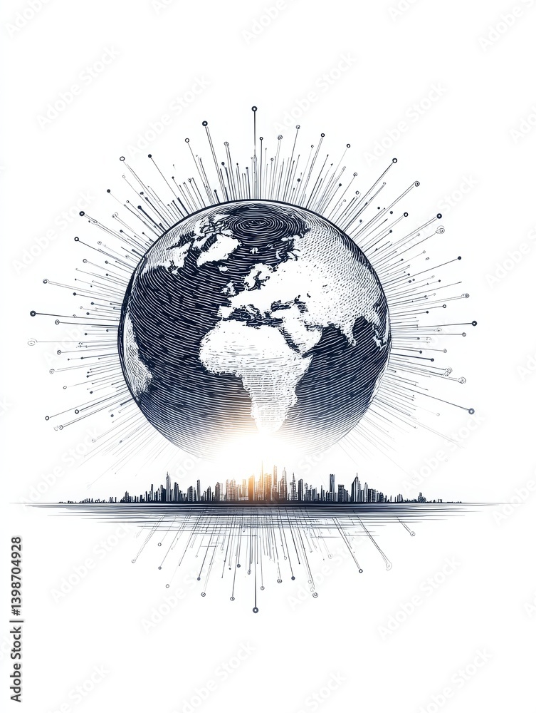 Poster global network connection - a stylized globe with connecting lines above a city skyline, symbolizing