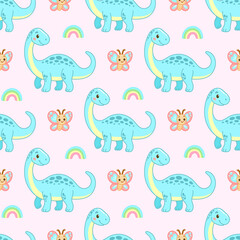 Smiling blue dinosaur seamless pattern with butterflies and rainbows on pink background