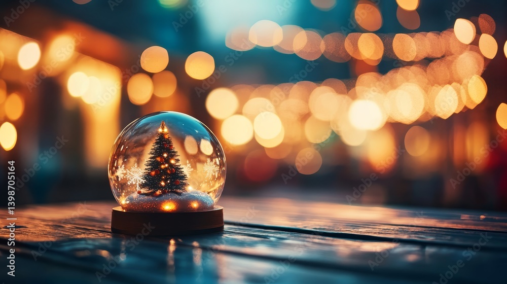 Poster a snow globe filled with sparkling snowflakes and a small christmas tree rests on a wooden table, su