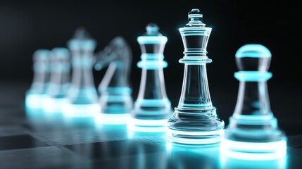 Glowing Glass Chess Pieces on Board - Strategic game, chess pieces, glowing light, abstract concept, futuristic technology. Symbolizes strategy, competition, intelligence, innovation, and victory