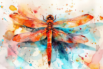 Watercolor painting of a dragonfly with detailed wings and a colorful abstract background
