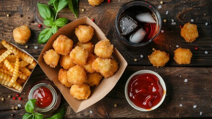 Crispy chicken nuggets in a box with spicy waffle fries, sauces, and a chilled cola in a restaurant