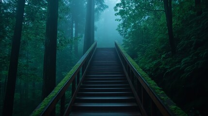 Obraz premium A wooden staircase ascends through lush green woodland, surrounded by morning mist and illuminated by gentle, filtered natural light