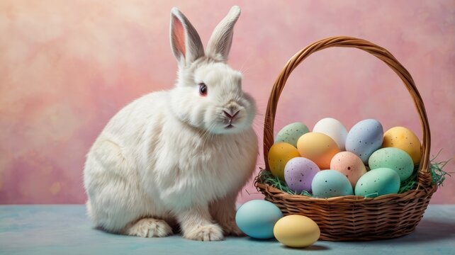 Adorable Easter bunny with wooden basket of colorful eggs.