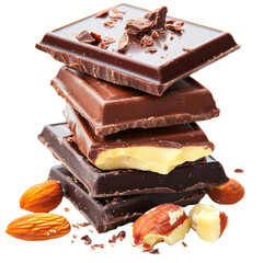 Stacked chocolate bars with nuts, showcasing textures and colors, ideal for desserts
