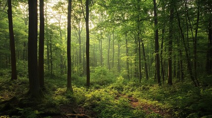 Fototapeta premium Lush green forest landscape with sun rays shining through trees nature photography background image stock photo