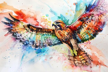 A watercolor painting of a hawk in mid-flight, with vibrant colors and abstract details