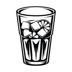 Black and White Icon of Beverage Glass with Ice Cubes and Lemon Slice