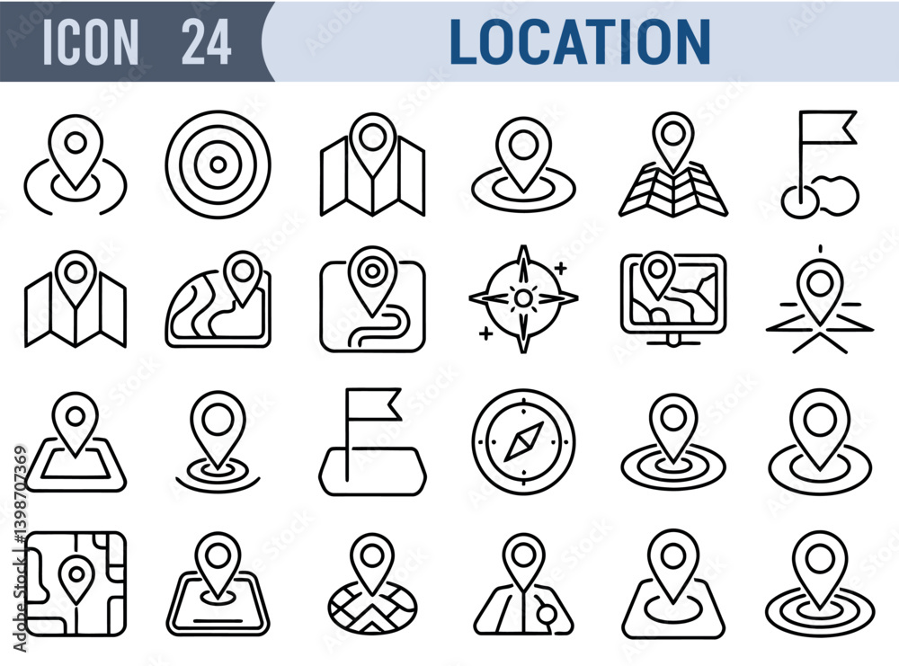 Aufkleber location icons set with map pin pointer compass flag in vector format