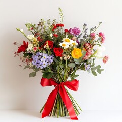 Fototapeta premium Festive Floral Wishes: A Bright Bouquet of Tulips, Poppies, Ranunculus, and Other Flowers Tied with a Red Ribbon.