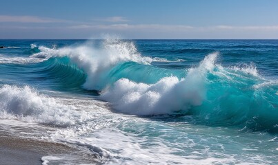 Fototapeta premium Turquoise waves crash on sandy shore