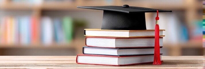 Fototapeta premium Graduation Cap Atop Stack of Books - Symbolizing education, knowledge, achievement, success, and future potential. A graduation cap rests on a stack of books
