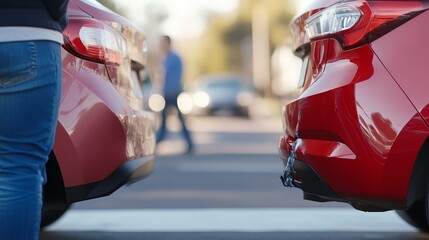 Drivers stand nearby, exchanging information after two compact cars collide at an intersection in daylight, with traffic blurred in the background