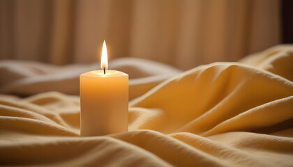 A single, lit candle rests serenely on a bed of soft, yellow fabric, with a warm glow.