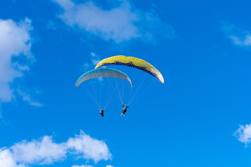 Paragliders soaring through a clear blue sky during an afternoon adventure