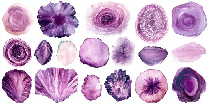 Abstract purple watercolor patterns in circular and organic shapes