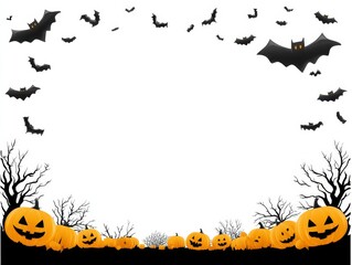Halloween Graphic Border Frame White Background - Spooky Halloween design, featuring bats, pumpkins, and bare trees. Symbolizes autumn, festivity, spooky fun, night, and Halloween celebration