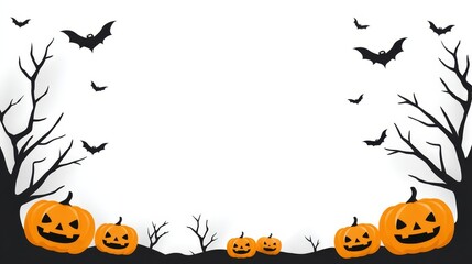 Halloween Jack O'Lanterns and Bats - Spooky Halloween scene with carved pumpkins, bats, and bare trees against a white background. Perfect for Halloween cards, invitations, and decorations