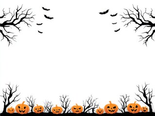 Halloween Pumpkin Border Design - Spooky Halloween design featuring carved pumpkins and bare trees on a white background, ideal for invitations or decorations