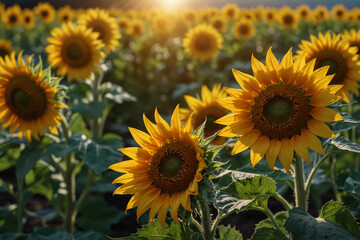 Fototapeta premium A close-up of bright yellow sunflowers in full bloom, bathed in sunlight. Their large petals and rich color radiate warmth, joy, and summer beauty