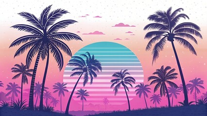 Retro Sunset Palm Tree Landscape Tropical Summer Vacation Background
