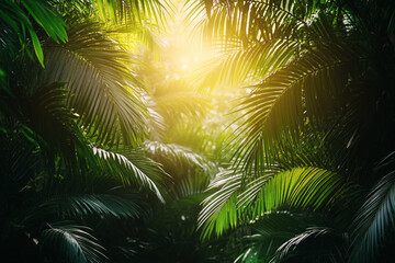 Sunlight filtering through lush green jungle foliage