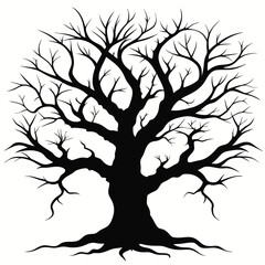 Obraz premium Silhouette Tree with Bare Branches on Isolated White Background, Spooky and Gloomy