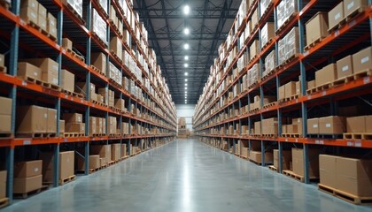 Interior of large warehouse filled with rows of shelves stacked with goods on pallets. Boxes, cartons, stored for distribution logistic business. Modern storage facility industry.