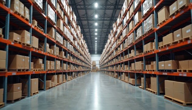 Interior of large warehouse filled with rows of shelves stacked with goods on pallets. Boxes, cartons, stored for distribution logistic business. Modern storage facility industry.